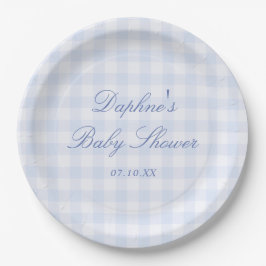 Plato De Papel Ducha de bebé de gingham azul