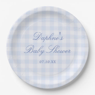 Plato De Papel Ducha de bebé de gingham azul