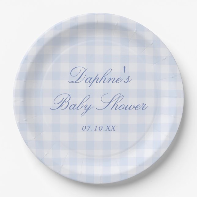 Plato De Papel Ducha de bebé de gingham azul (Anverso)