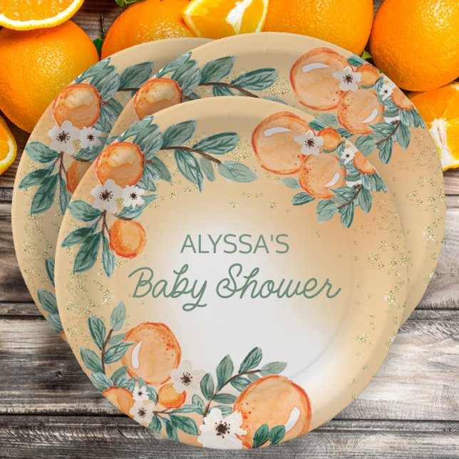 Plato De Papel Ducha de bebé de hojas verdes naranjas (Little Sweetie Baby Shower custom paper plates)