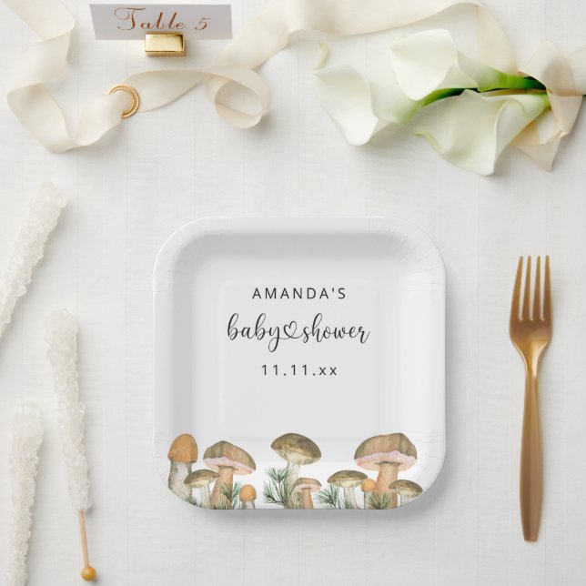 Plato De Papel Ducha de bebé de hongos del bosque  (Boda)