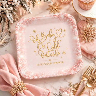Plato De Papel Ducha de Bebé de Invierno Copo de Nieve Rosa Dorad