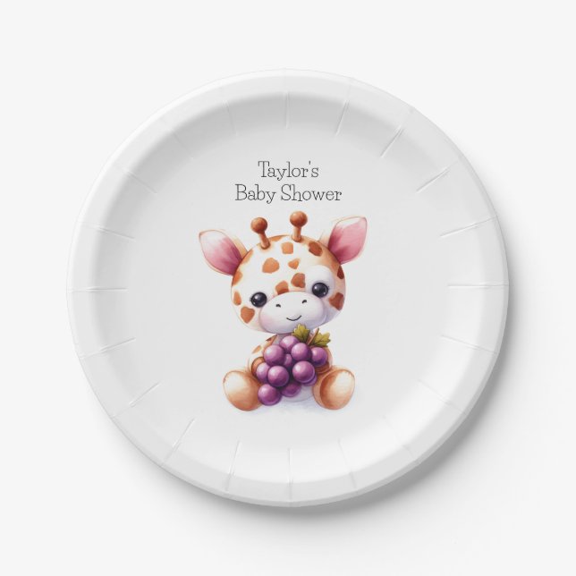 Plato De Papel Ducha de Bebé de Jirafa Marrón con Acuarela Mancha (Anverso)