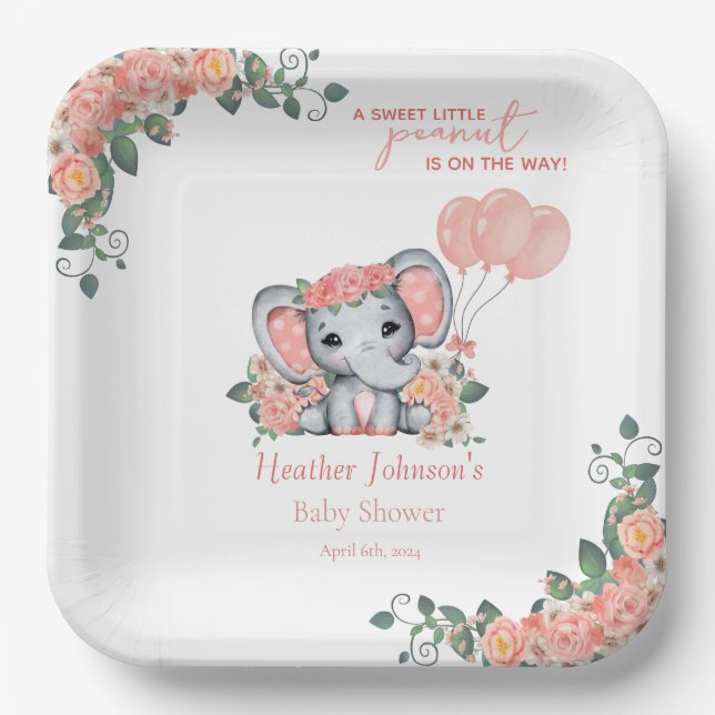 Plato De Papel Ducha de Bebé de la Niña Elefante (Anverso)