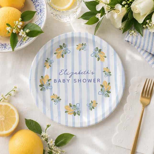 Plato De Papel Ducha de bebé de limón con franja azul (Blue Stripe Lemon Baby Shower Paper Plates)