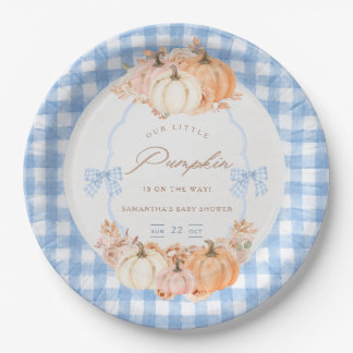 Plato De Papel Ducha de bebé de Little Pumpkin Blue Gingham Bow