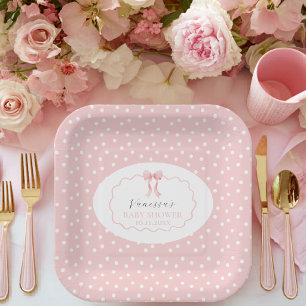 Plato De Papel Ducha de Bebé de Lunares con Lazo Rosa Niña
