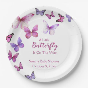 Plato De Papel Ducha de bebé de mariposa pequeña rosa y púrpura