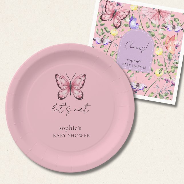 Plato De Papel Ducha de bebé de mariposa rosa (Subido por el creador)