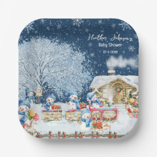 Plato De Papel Ducha de Bebé de Navidad con Muñecos de Nieve