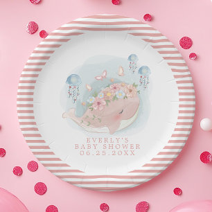 Plato De Papel Ducha de Bebé de Niña Ballena de Mar Rosa