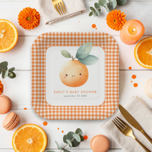 Plato De Papel Ducha de bebé de niña pequeña naranja a cuadros