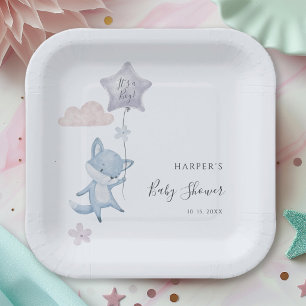 Plato De Papel Ducha de bebé de niño con zorro lindo volando glob