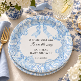 Plato De Papel Ducha de bebé de niño safari Toile de Jouy azul
