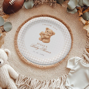 Plato De Papel Ducha de bebé de osito de gingham marrón corazón p