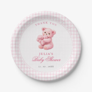 Plato De Papel Ducha de bebé de osito de gingham rosa corazón peq