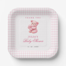 Ducha de bebé de osito de gingham rosa corazón peq