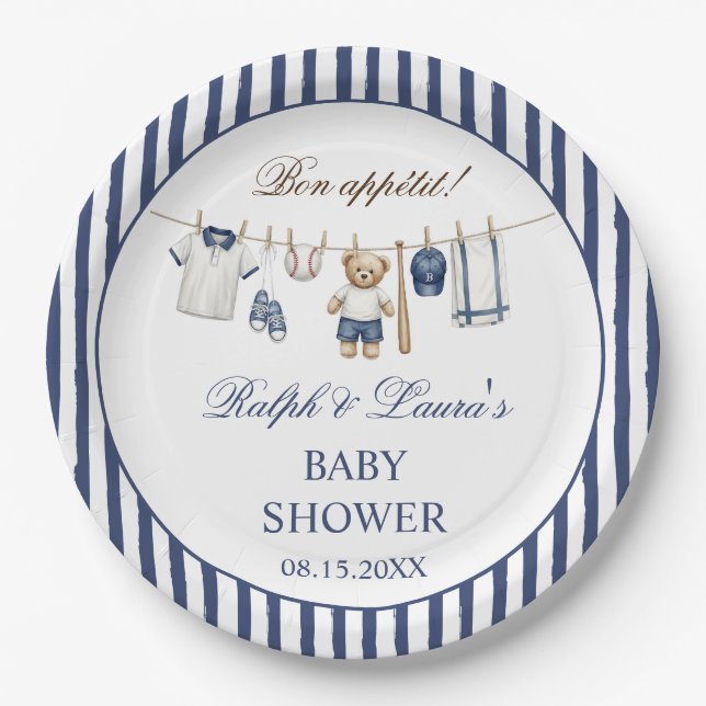Plato De Papel Ducha de bebé de oso de béisbol (Anverso)