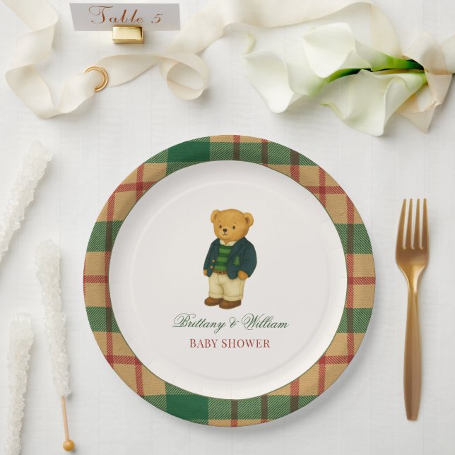 Plato De Papel Ducha de bebé de Plaid Navideño Preppy Bear  (Boda)
