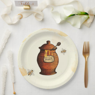 Plato De Papel Ducha de Bebé de Tarro de Miel Vintage Abeja