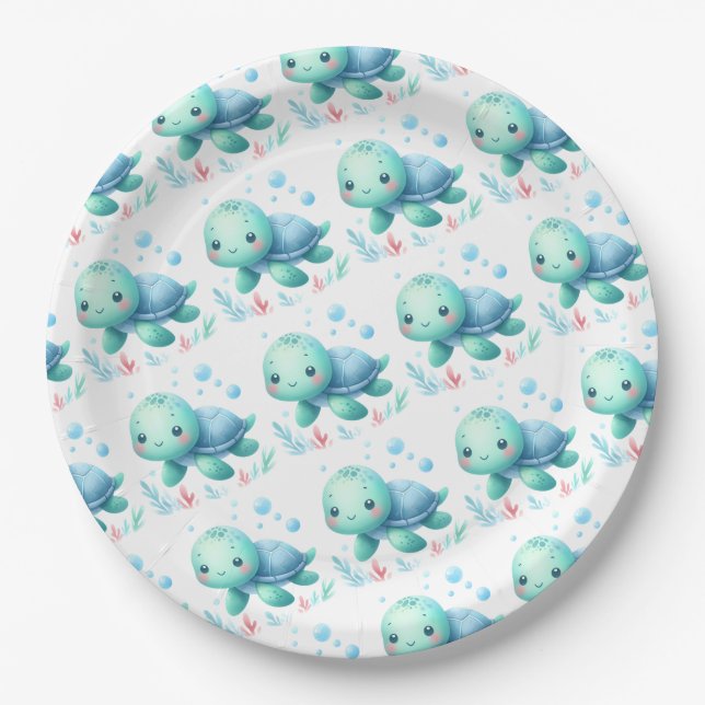 Plato De Papel Ducha de bebé de tortuga acuática (Anverso)