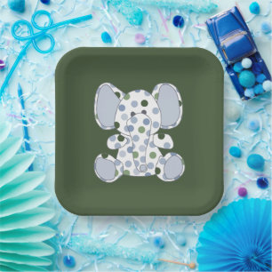 Plato De Papel Ducha de bebé del elefante azul