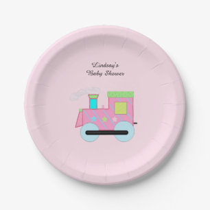 Plato De Papel Ducha de bebé del tren Choo Choo rosa