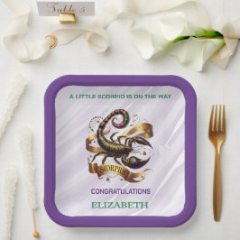 Plato De Papel Ducha de bebé del zodiaco Escorpio Lavanda y Verde