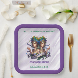 Plato De Papel Ducha de bebé del zodiaco Géminis lavanda y verde