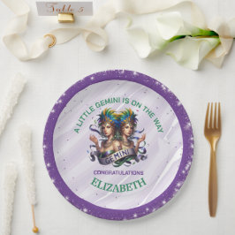 Plato De Papel Ducha de bebé del zodiaco Géminis Lavanda y Verde