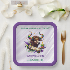 Plato De Papel Ducha de bebé del zodiaco Tauro Lavanda y Verde