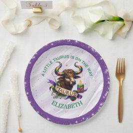 Plato De Papel Ducha de bebé del zodiaco Tauro Lavanda y Verde