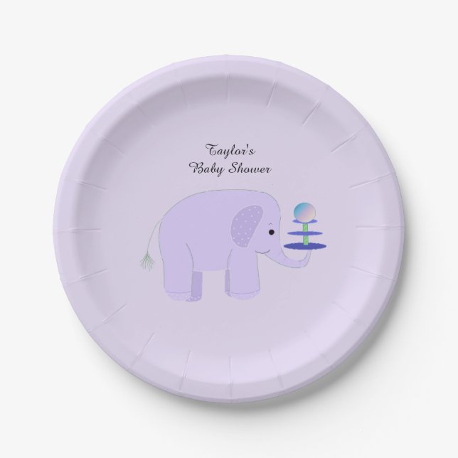 Plato De Papel Ducha de Bebé Elefante Morado (Anverso)
