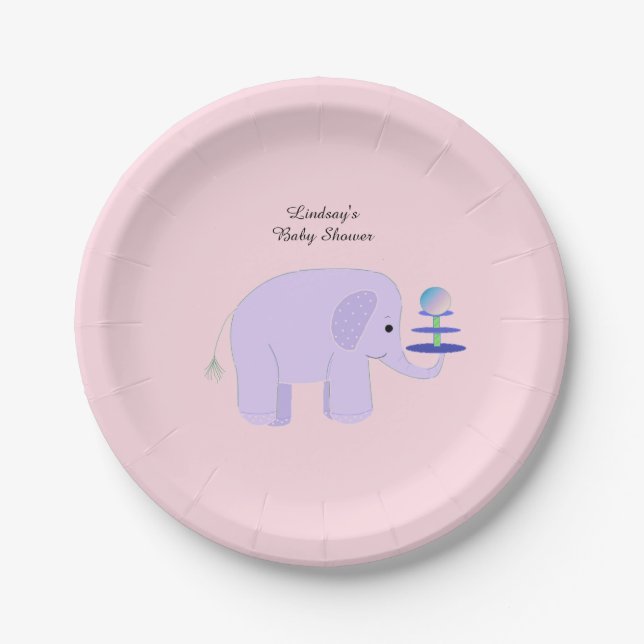 Plato De Papel Ducha de Bebé Elefante Morado (Anverso)