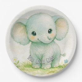 Plato De Papel Ducha de bebé elefante verde neutral salvaje