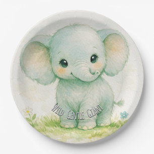 Plato De Papel Ducha de bebé elefante verde neutral salvaje