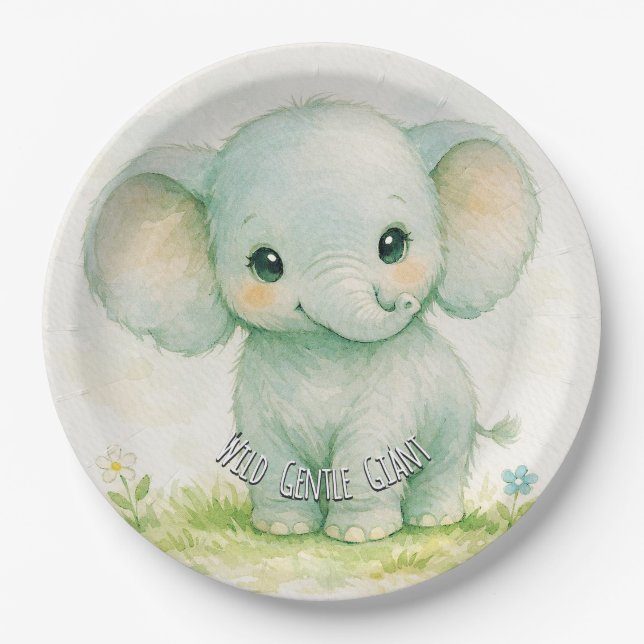 Plato De Papel Ducha de bebé elefante verde neutral salvaje (Anverso)