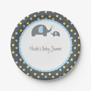 Plato De Papel Ducha de Bebé Elefantes Azul Gris y Amarillo