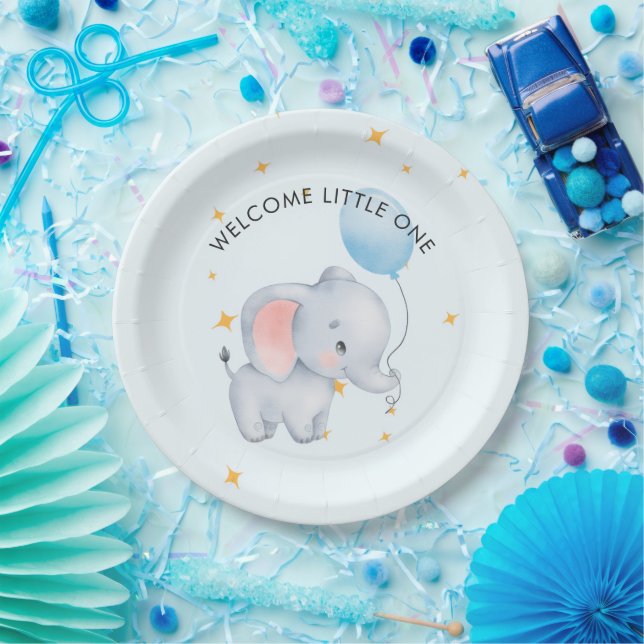 Plato De Papel Ducha de Bebé Elefantes Juguetones Azules (Fiesta)