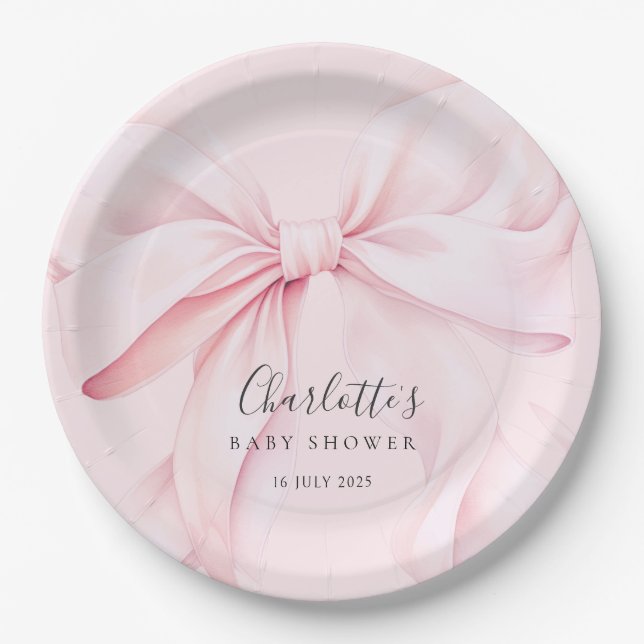 Plato De Papel Ducha de Bebé Elegante con Lazo Rosa (Anverso)