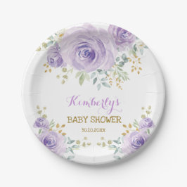 Plato De Papel Ducha de bebé floral dorada lavanda boho suave