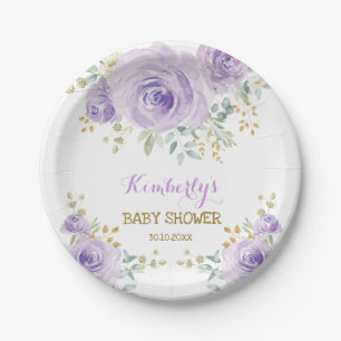 Plato De Papel Ducha de bebé floral dorada lavanda boho suave