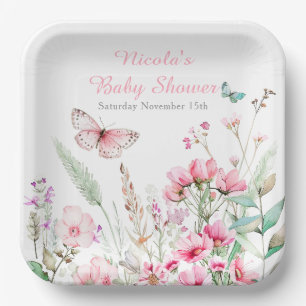 Plato De Papel Ducha de bebé floral mariposa rosa de primavera