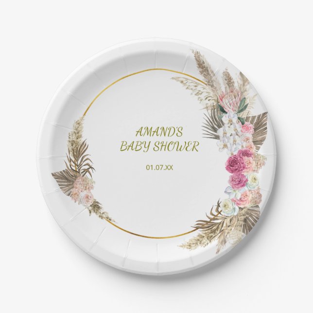 Plato De Papel Ducha de Bebé Flores Silvestres Elegantes (Anverso)