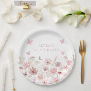 Plato De Papel Ducha de bebé Flores silvestres Mariposa rosa