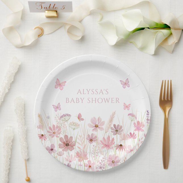 Plato De Papel Ducha de bebé Flores silvestres Mariposa rosa (Boda)