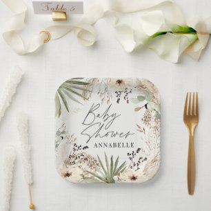 Plato De Papel Ducha de bebé follaje rústico moderno pampas pasto