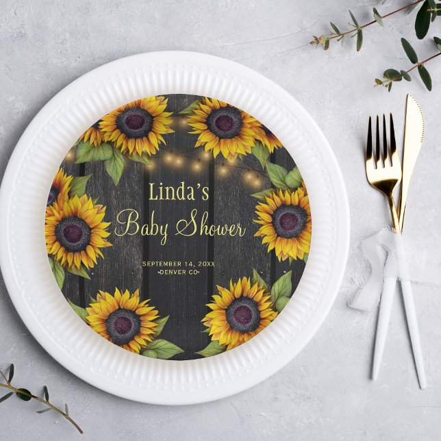 Plato De Papel Ducha de bebé girasoles madera rústica de granero (Subido por el creador)