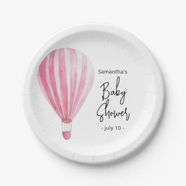Plato De Papel Ducha de bebé globo aerostático rosa (Anverso)