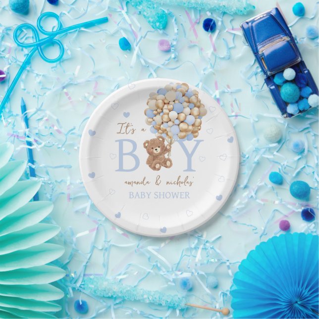Plato De Papel Ducha de Bebé Globo Oso Azul (Fiesta)
